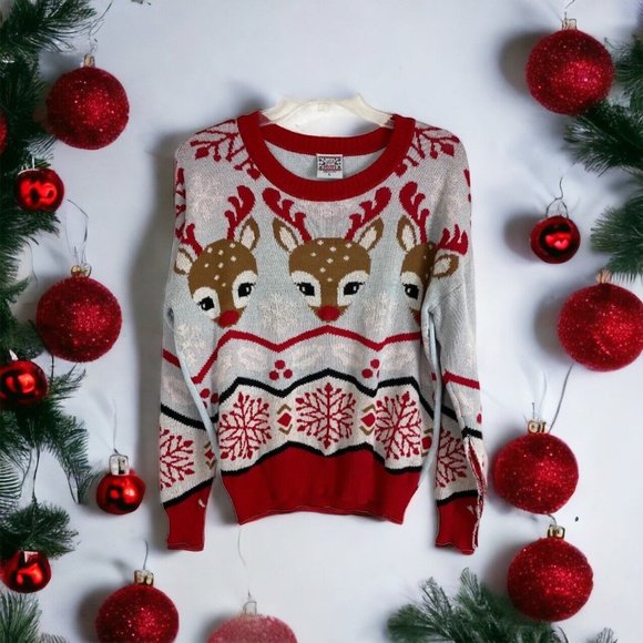 Holiday Sweater Womens Size Large Rudolf Red Nose Blue Long Sleeve Pullover NEW - Picture 1 of 5
